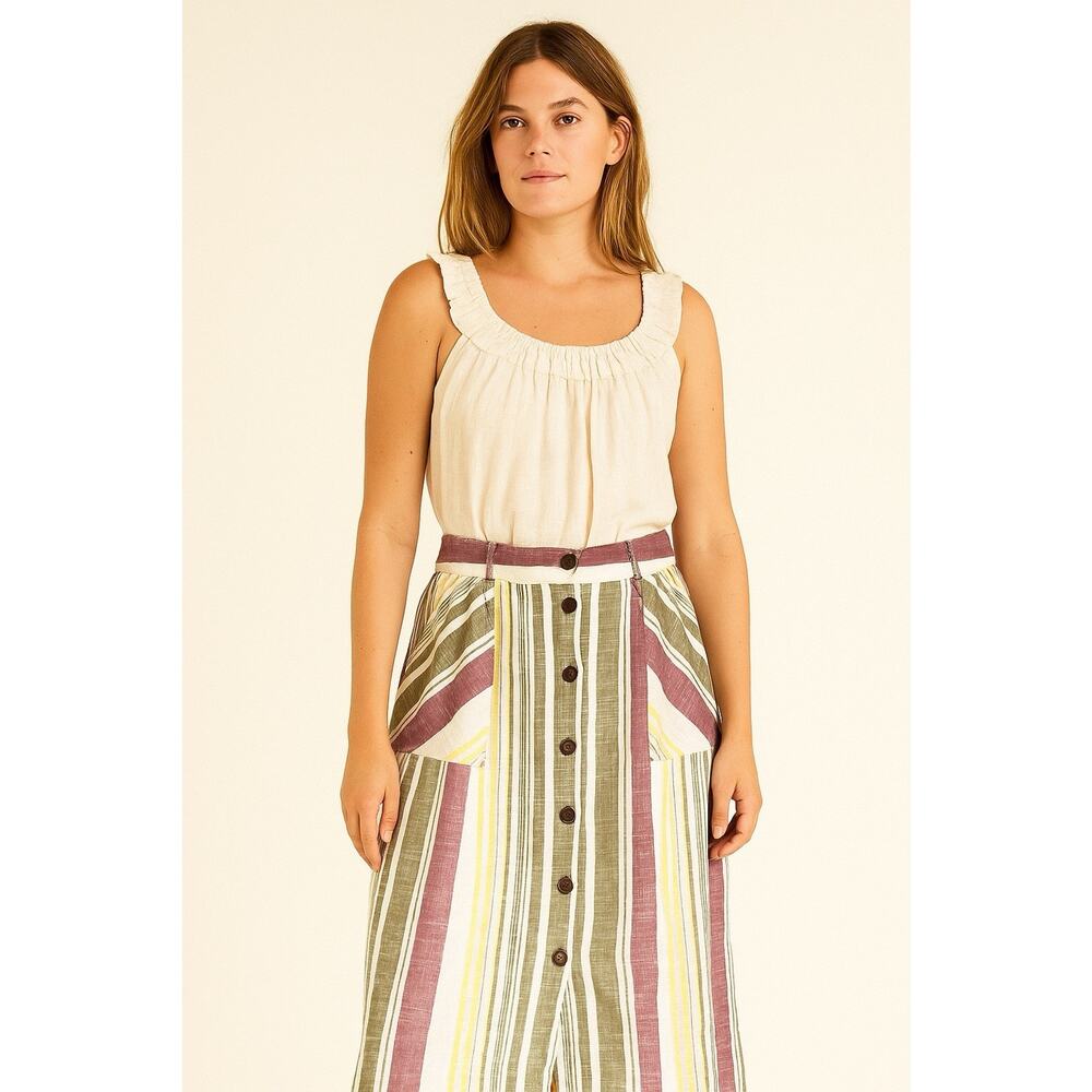 Cotton Skirt Striped Button Front, lined, Pockets Elastic Waist in back Sz XL
